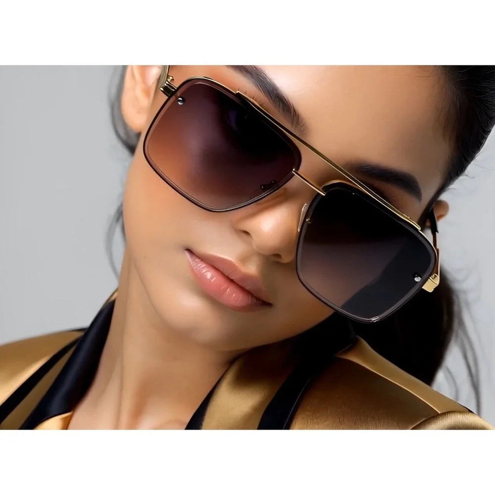 Gold Square Aviator Sunglasses Gradient Brown Lenses Women Luxury‎ Style Female